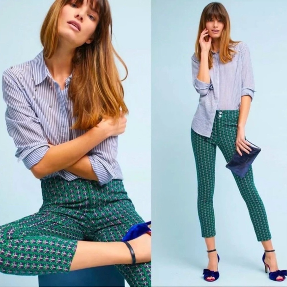 CUTE Anthropologie Green and Navy Butterfly Patterned Cropped Pants